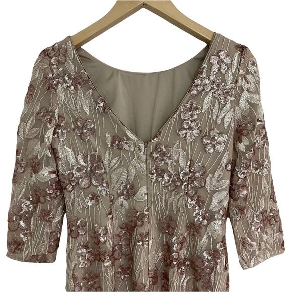 AIDAN AIDAN MATTOX Floral-Embroidered Sequin Dress Cocktail Champagne Size 4 - Picture 10 of 14